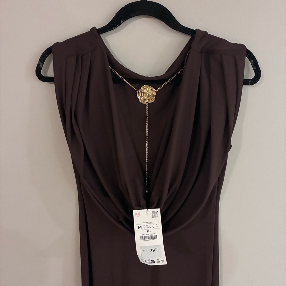 Zara Chocolate Brown Flower Chain Open Back‎ Dress NWT - Picture 7 of 8